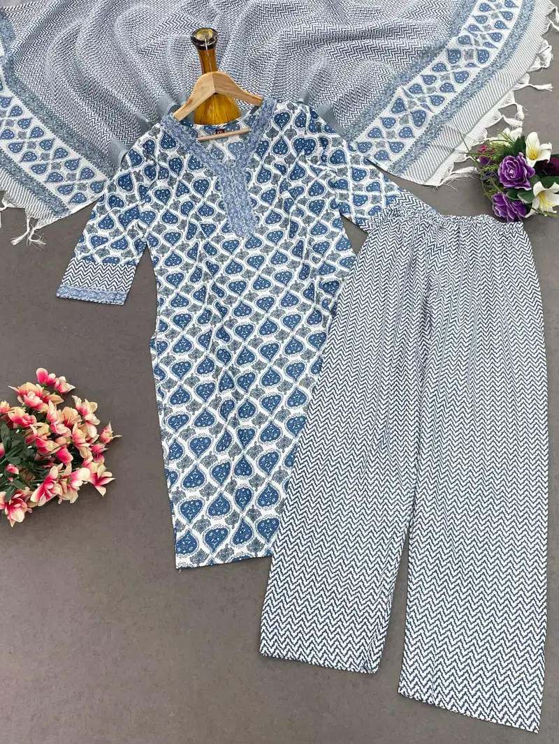 Shamal Cotton Blend Printed Kurti With Bottom Dupatta Wholesale Price In Surat